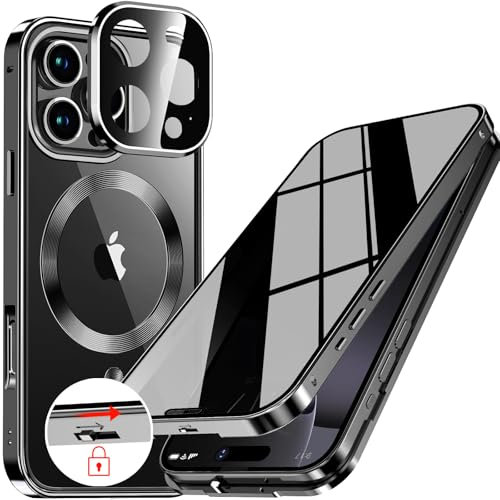 [CD-Metallring & Sicherheitsschloss] Magnetische 360 Grad Ganzkörper Sichtschutzhülle für iPhone 16 Pro 6.3'[Integrierter Linsenschutz] Schutzhülle mit Integriertem 9H-Glasbildschirm, –Schwarz