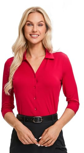 Soneven Blusa elegante para mujer, cuello de pico, camiseta deportiva con cuello, polo de manga larga, polo de golf, verano, camiseta transpirable, rojo, XXL
