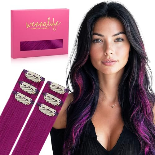 WENNALIFE Violet Clip in Hair Extensions Real Human Hair 30g 6pcs 16 Inch Colored Extensions for Kids Women Colorful Hair Pieces Pop-up Style Straight De Cabello Humano Con Clip