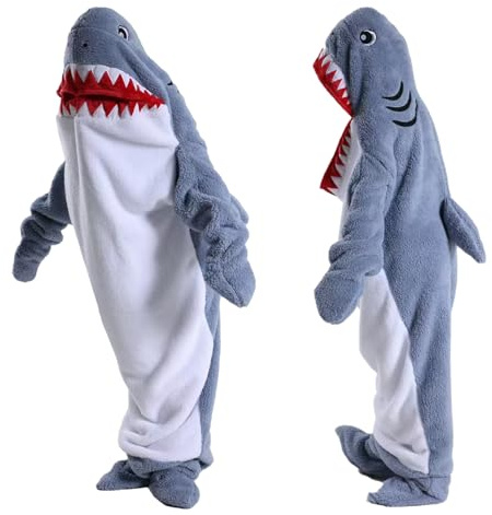 HULG Hai Decke,Hai Decke Hoodie, Kuscheldecke Mit Ärmeln Flauschig Wohndecke,Hai Decken Kapuzenpullover,Hai Overall Onesie (Gray blue,S)