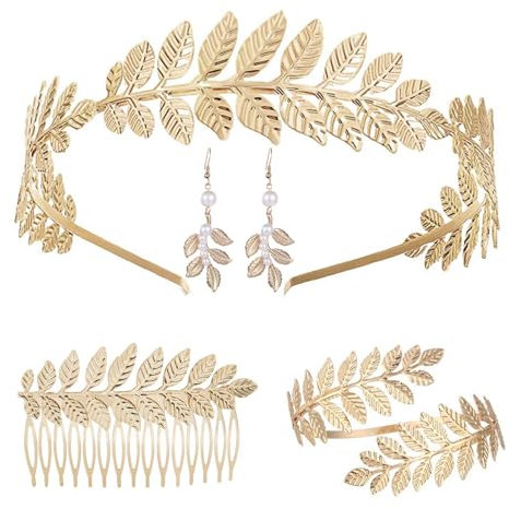 VIDSTW 5 Stück Griechische Göttin Kostüm Lorbeerkranz Schmuck Set Enthalten Ohrringe Armbänder Haarbänder Haarkämme Lorbeerblätter Schmuckset Böhmischer Stil Haarschmuck Gold Griechische Deko (A)