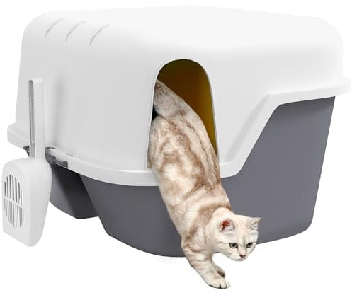 PawHut Katzentoilette Katzenklo mit Deckel Katzentoilette mit Sieb, Schaufel, Cat Litter Box für kleine Katze unter 3,5 kg, 50 x 50 x 39 cm Cremeweiß