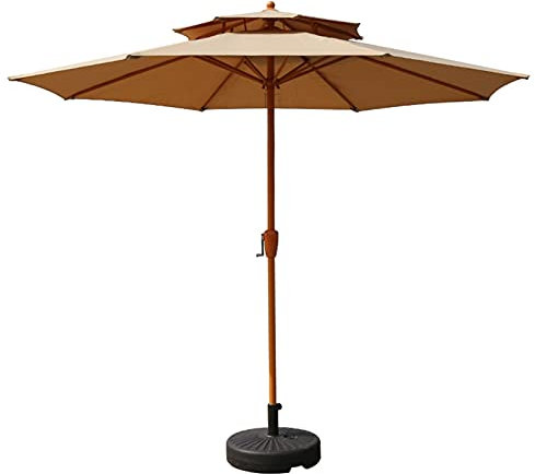 Sombrilla de jardín resistente al agua de 9 pies con base y manivela, parasol grande para terraza, playa y porche (beige)