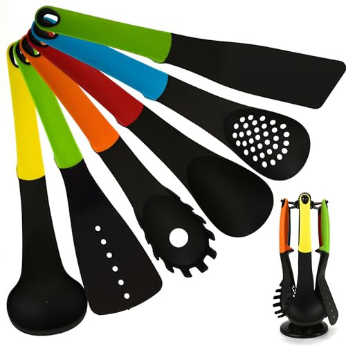6 PCS Kitchen Utensil Set with Rotating Carousel – Elevated Handles Cooking Tools, Heat Resistant Non-Stick Silicone Cookware Gadget Set