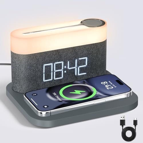 HOURUNTAIL alarm clock with Multi-Function Mobile Phone Watch Wireless Charging 15W Max Touch Bedside Lamp,3 Colors nightlight, Sleep Timer for Bedroom,Bedside,Desk