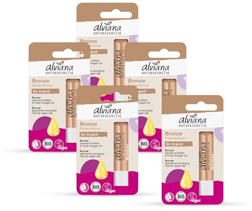 Alviana Lip Balm Bronze (Pack of 5) | Natural Bronze Shimmer & Velvety Soft Lips | Organic Argan Oil & Macadamia Butter, Certified Natural Product