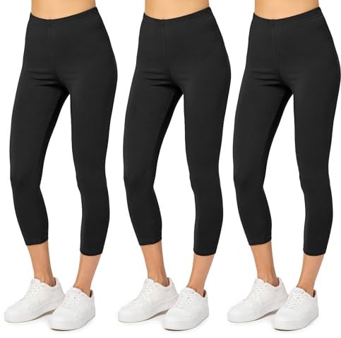 Merry Style 3er Pack Damen Leggings 3/4 aus Baumwolle mit Stretch – Leichte Capri Leggings Damen aus atmungsaktiver, elastischer Baumwolle, ideal für Yoga Sport MS10-199 (Schwarz 3-er Pack, XXL)