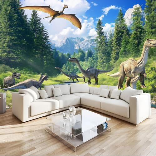 Papier Peint Panoramique Préhistorique Dinosaure Forêt Vert Marron 300 X 210 Cm(Wxh) Non-Tissées 3D Mural Fond D'Écran Murales Panoramique 3D Mur De Fond Tv Chambre Enfant Adulte Papier Peint Poster