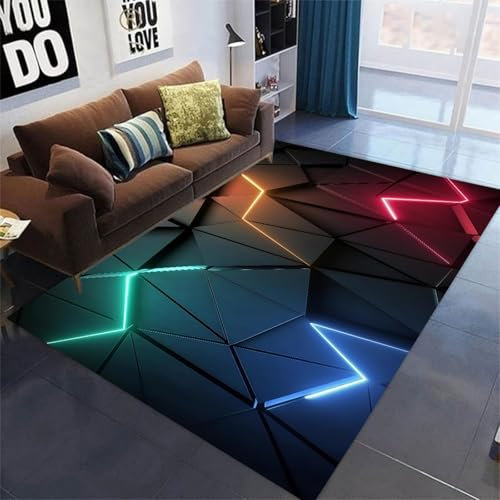 LOMDEM Tapis Gaming Garçons Adolescents LED 3D Géométrie Visuelle Tapis pour Chambre Enfant, Antidérapant Flanelle, pour Salon Chambre Salle De Jeux Tapis De Sol Chaise De Jeu (Style 3,140x200 cm)