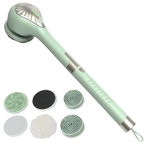 Electric Body Brush, Bath Brush, Back Brush with 6 Attachments, Shower Brush with Long Handle, IP67 Waterproof, 3 Speed Spin Cleaning Brush for Spa, Shower, Exfoliating Massage Brush, Green