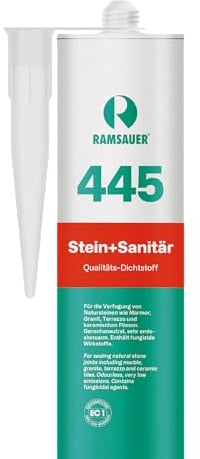 RAMSAUER 445 Stein + Sanitär - 310ml Kartusche (Weiß), geruchsneutrales Silikon für Stein & Fliese, Sanitärbereich, Küche & Reinräume, hervorragende Haftung, schimmelresistent