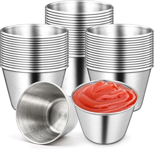 50 Pcs Metal Ramekins 2.5 Oz / 70 ml Stainless Steel Sauce Cups Bulk Condiment Mini Dipping Cups Round Individual Small Reusable Commercial Grade Metal Sauce Mini Bowls for Restaurant Kitchen Ketchup
