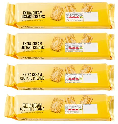Premium Extra Cream Custard Creams, Vanilla Custard Flavoured Biscuits - Set of 4 x 165g Packs (825g)