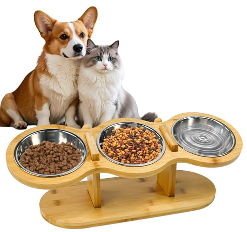 Zuxbolf Gamelle Chat Surélevée Bois, Gamelle Chat Surélevée 3 Bols en Acier Inoxydable avec Support 15° Incliné Hauteur Réglable pour Chats et Petits Chiens