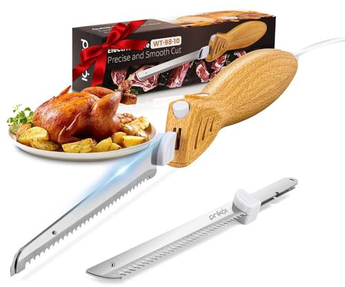Prikoi Electric Knife - Carving Knife Set, Easy-Slice Serrated Edge Blades for Meat, Bread, Turkey, Ribs, Fillet, DIY, Ergonomic Handle + 2 Blades for Raw & Cooked Food New Upgrade(Faux Wood)
