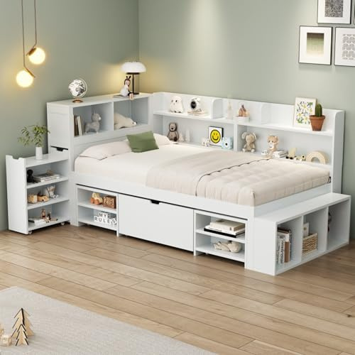 Merax Kinderbett 90x200 cm mit Stauraum, Einzelbett Funktionsbett Jugendbett mit Schubladen, Stauschrankgal, Bücherregal, Nachttisch, Ohne Matratze, Weiß/254x109x91cm
