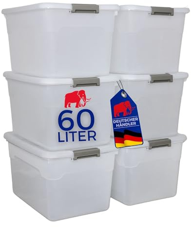 PROREGAL Aufbewahrungsbox mit Deckel 60L im 6er Set, Extra Groß, Rollen, Plastikbox transparent stapelbar, Kunststoffbox Verschlussclips, Stapelbox Kunststoff, Aufbewahrungsbehälter für Küche Haushalt