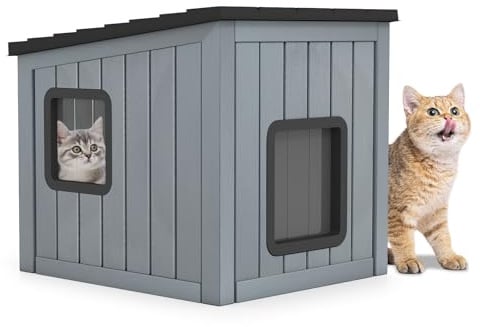 GOPLUS Katzenhaus Outdoor Winterfest, wetterfeste Katzenhütte aus PP mit 2 Türen und geneigtem Dach, Plastik Haustierhaus für Haustiere, Katzenhöhle, Welpenunterkunft für drinnen & draußen