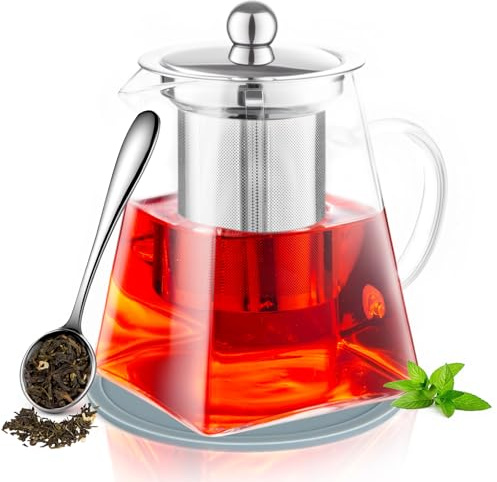 PluieSoleil Teapot with Tea Scoop and Mat 550ml/18.6oz Square Shape Infuser Tea Pot Set, Handmade Glass Teapot with Infuser, Heat-Resistant Borosilicate Teapot with Strainer