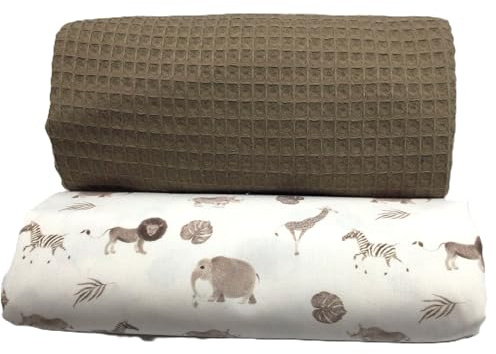 Waffelpique & Baumwollstoff Set – 2-teiliges Stoffpaket je 50 x 150 cm – 100% Baumwolle Oeko-Tex – zum Nähen von Wickelunterlagen, Kissen, Babyzimmer-Ausstattung uvm. (Safari)