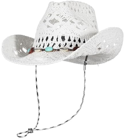 GEMVIE Chapeau de Cowboy Occidental tissé à la Main à Large Bord en Paille Panama pour Homme et Femme Chapeau de Plage bohème, en Forme de Blanc, 56-58