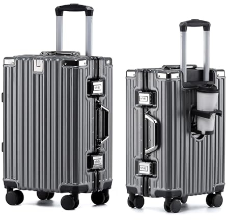 Aoliwei Größe Koffer L 73cm - Alurahmen Hartschalenkoffer aus 100% Polycarbonat, ca. 90L - Premium Reisekoffer mit Getränkehalter & TSA-Schloss - Leiser 4-Rollen Trolley - Grau