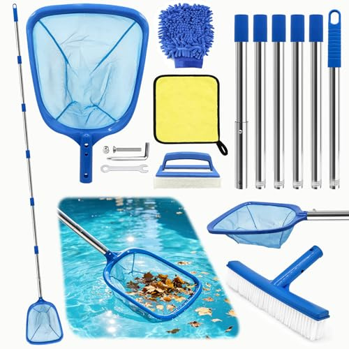 TZEKING Epuisette Piscine avec Manche Telescopique 254cm,Epuisette Piscine Maille Extra Fine avec Brosse Piscine,Kit de Piscine Nettoyage,pour Piscines,Fontaine, Étang Nettoyage