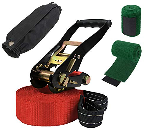 ALPIDEX Slackline 15 m 2 Tonnen + 2 x Baumschutz + Ratschenschutz 7 Jahre Garantie auf Material*, Farbe:rot