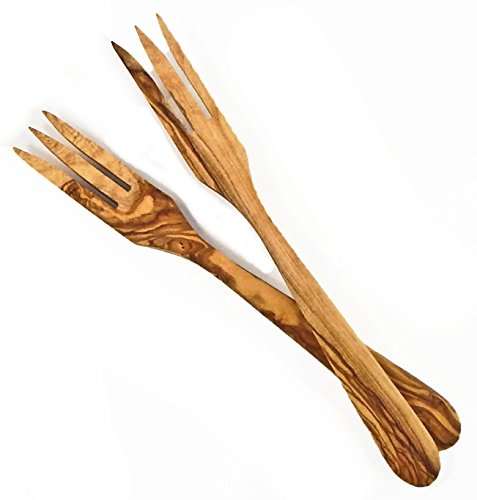 Le Souk Olivique Bois d'olivier Fourchette avec Manche courbé (Lot de 2), Grande, Naturel,