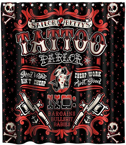 Rideau Douche Anti Moisissure, BetterJonny Rideau de douche Tattoo Sailor Bettys Tissu Lavable avec 12 Crochets pour Salle de Bain, 180x200cm