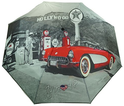 Y Not Super Mini City Hollywood Grau-Rot 55545 Damen Regenschirm Taschenschirm Schirm Schirme Damenschirm