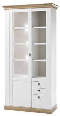 Vitrinenelement Côte d’Azur, Pinie weiß/Wotan Eiche NB, 102 x 204 x 44 cm, Schrank, Wohnzimmer, Vitrinenschrank, Schrankvitrine Ausführung ohne Beleuchtung