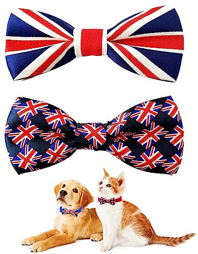 BIPY 2PCS Union Jack Dog Bow Ties UK Flag Patriotic Dogs Collar Bowties For Holiday Party Celebrations King Charles Coronation Pet Grooming Accessories for Small Medium Cat Puppy Bow Tie (Small)