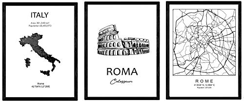 Pack von Plakaten und Denkmäler Ländern. Rom Stadtplan, Karte Denkmal Kolosseum und Italien. A3 Größe