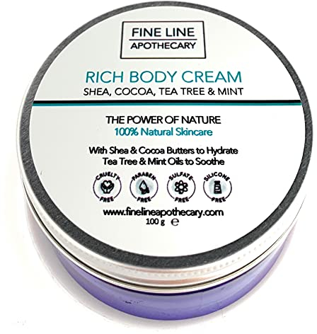 Fine Line Apothecary - Body Butter: Shea, Coconut, Tea Tree, Mint. 99% Natural Moisture Cream. pH 5.5 for Sensitive Skin. Hydration, Protection. Soothes Itchy Irritated Skin. 200g