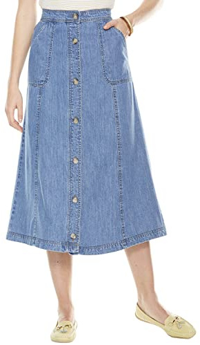 Chums Ladies 100% Denim Button Through Skirt Elasticated Back Waist Panelled Design with Pockets Light Stonewash 20 Petite