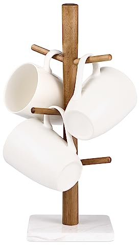 Buruis Porte-tasses en bois avec base en marbre, support de tasses, support de tasse à café, support de tasses à café, support de comptoir pour tasses à thé, séchoir à café avec 6 crochets