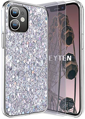 Feyten Compatible with iPhone 12 Mini Case with Tempered Glass Screen Protector [2 pack], Bling Shiny Sparkle Glitter Design Ultra Slim Soft TPU Silicone Cover for iPhone 12 Mini (5.4 Inches) (Silver)