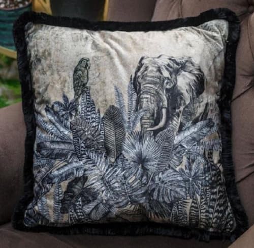 Casa Padrino Luxus Deko Kissen Afrika Beige/Schwarz/Weiß 45 x 45 cm - Bedrucktes Samt Kissen mit Fransen - Edles Zierkissen - Luxus Kollektion