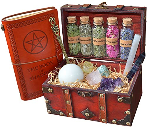 KIT de brujería: una caja vintage incluye set de hierbas y varita de latón y set de cristales con Libro de Sombras (suministros de altar wicca)