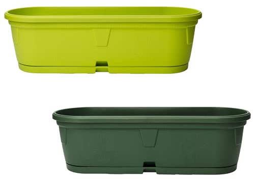 Gariella 2X Pflanzkübel mit Untersetzer für Innen- und Außenbereich wetterfest Dekoration Balkon Büro Pflanzgefäß Blumentopf länglich oval bunt