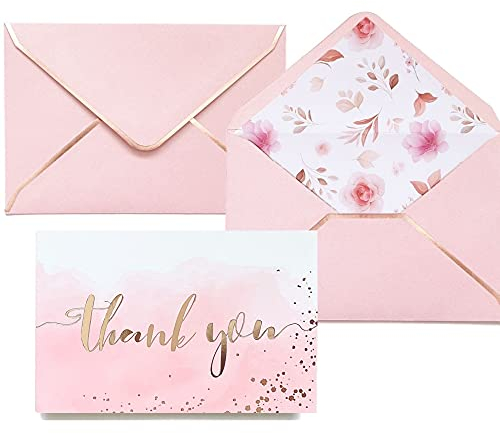 Winoo Design Robuste Dankeskarten mit Umschlägen, Rotgold und Rosa, 36 Stück, 10 x 15 cm, Brautparty, Dankeskarten für Babyparty, Babyparty, Mädchen, Dankeskarten für Hochzeit, Geburtstag