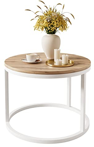 lukmebel Couchtisch CIRI, 60x60x42cm, rund, weiß und wotaneiche