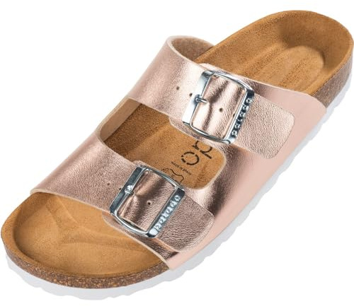 Palado Pantoletten Damen Korfu Metallic - gefertigt in Spanien - edles Metallic-Design - Veloursleder-Decksohle - ergonomisches Weichfußbett - Eva-Sohle Rosegold UK4,5 - EU37