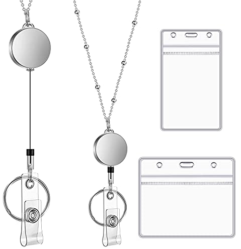 Outus ID Kartenhalter und Einziehbar Spule Set Einziehbar Lanyard Schlüsselband 2 Stücke Klar Wasserdicht Plastik ID Abzeichen Halter und Edelstahl Lanyard Halskette (Silber)