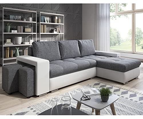 lestockdesign Canapé d'angle Simon 255 cm - Convertible et réversible avec Coffre - 3 Places - Simili Blanc/Tissu Gris + 2 poufs