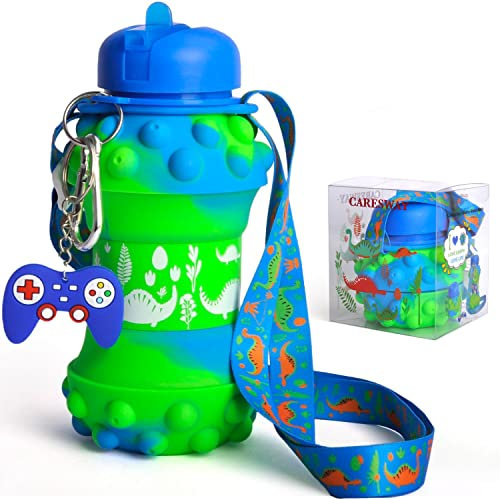 CARESWAY Kids Water Bottle with Keyring - 500ml Dinosaur Kids Drinks Bottle - Foldable Collapsible BPA Free Childrens Water Bottle for School