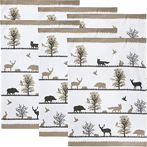 Erwin Müller Geschirrtuch, Küchentuch Waldtiere braun 6er-Pack Baumwolle - saugstark, strapazierfähig, mit Schlaufe zum Aufhängen - Größe 50x70 cm