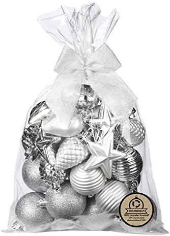 Inge-glas Weihnachtskugeln und Formen Kunststoff 5-7cm 30er Set mit Glitzer Christbaumkugeln Silber