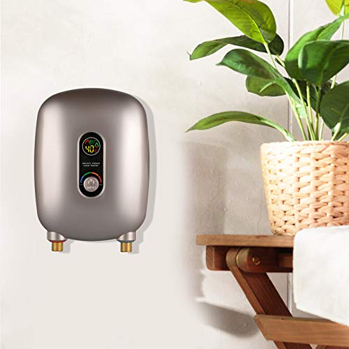6500W Elektrische Durchlauferhitzer, Instant Warmwasserbereiter, Mini Durchlauferhitzer mit LCD Anzeige, Elektronischer Kleindurchlauferhitzer für Haus Bad Küche Dusche (Knopf-steuerung, Gold)
